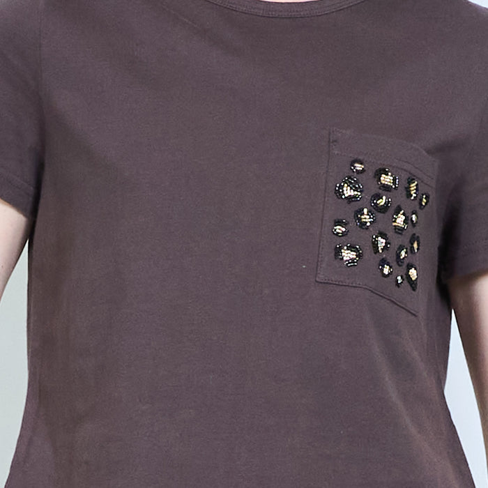Leopard print pocket cropped cotton t-shirt wholesale