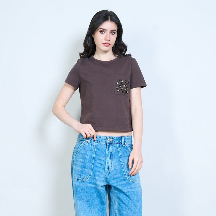 Leopard print pocket cropped cotton t-shirt wholesale