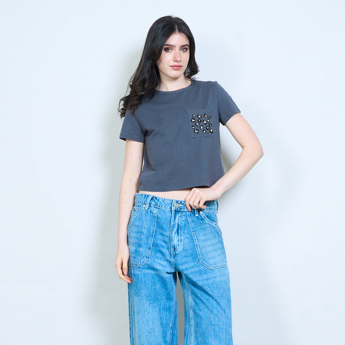 Leopard print pocket cropped cotton t-shirt wholesale