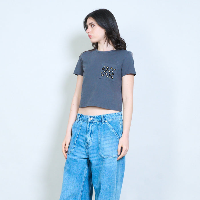 Leopard print pocket cropped cotton t-shirt wholesale