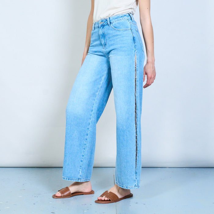 Light wash denim jeans with side slit beaded mesh panel wholesale