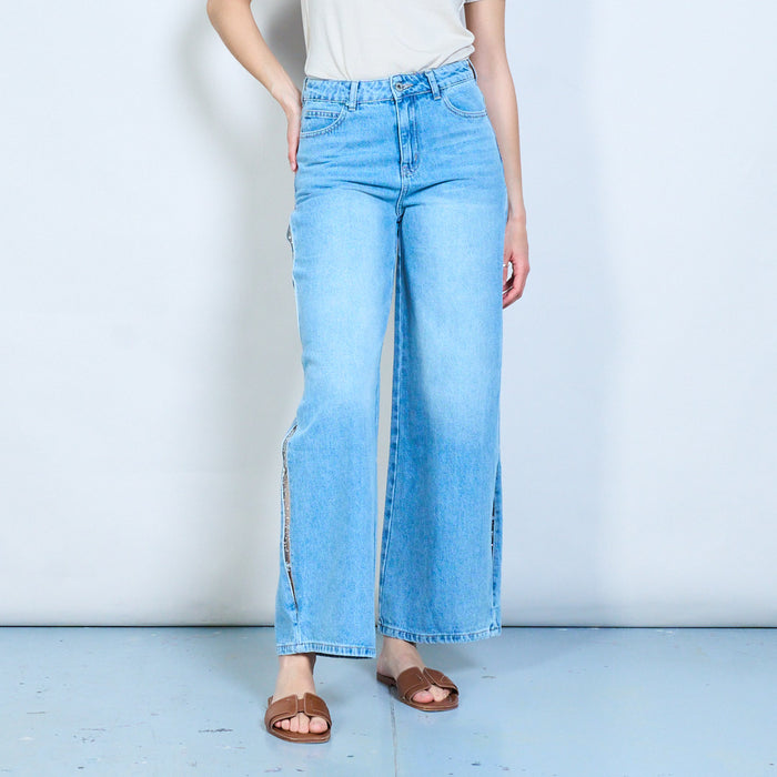 Light wash denim jeans with side slit beaded mesh panel wholesale