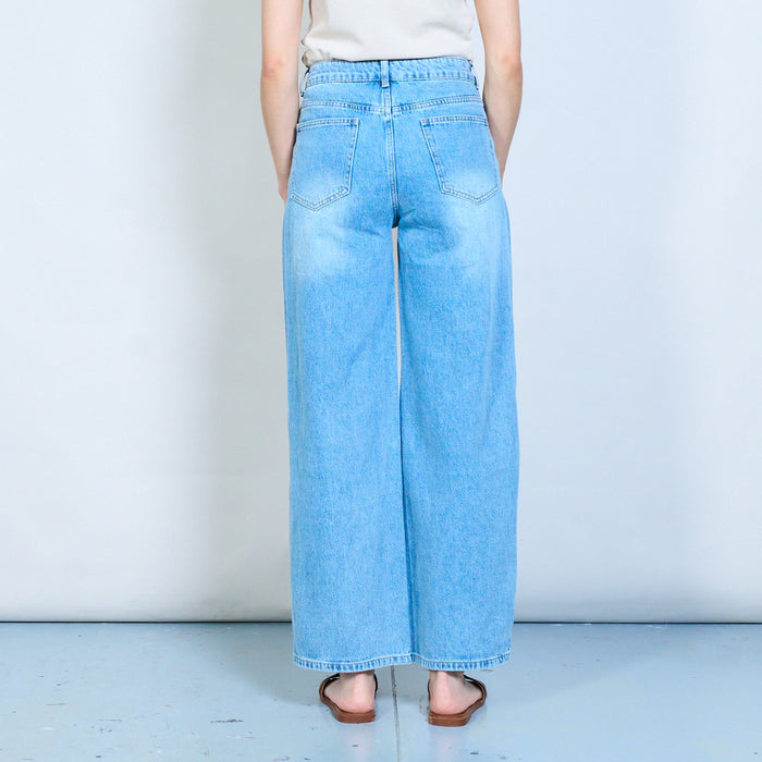 Light wash denim jeans with side slit beaded mesh panel wholesale