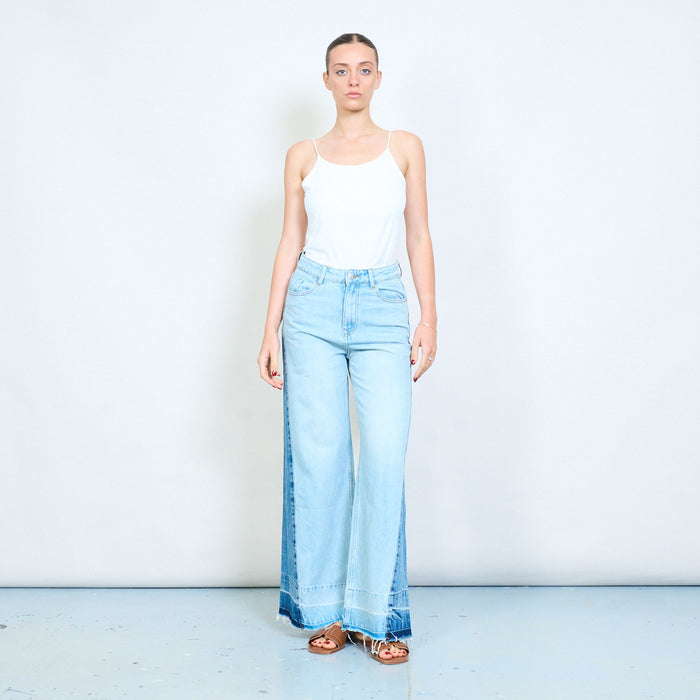 Light wash denim wide leg jeans with contrast side panels wholesale