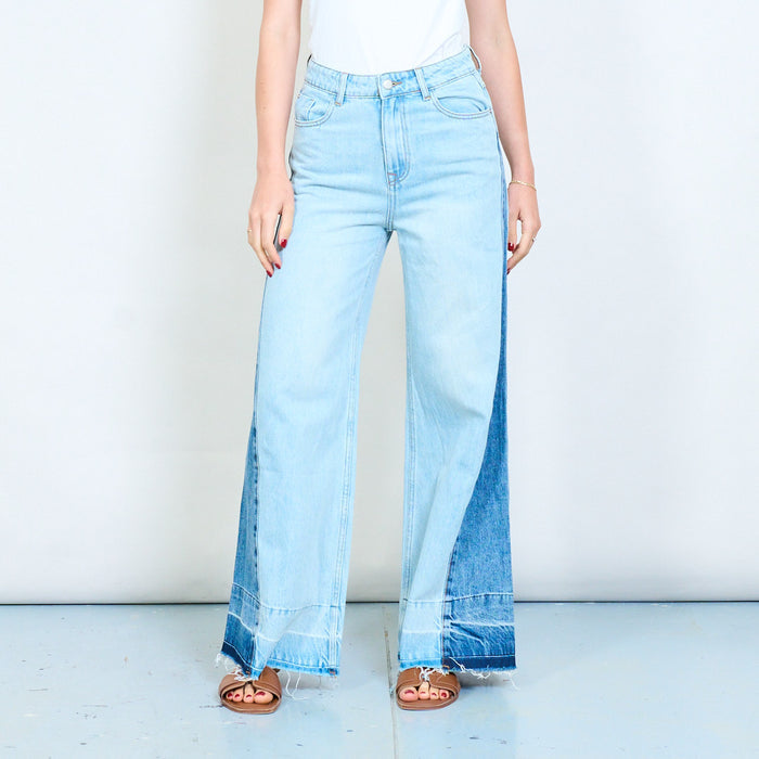 Light wash denim wide leg jeans with contrast side panels wholesale