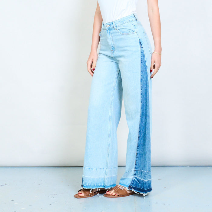 Light wash denim wide leg jeans with contrast side panels wholesale