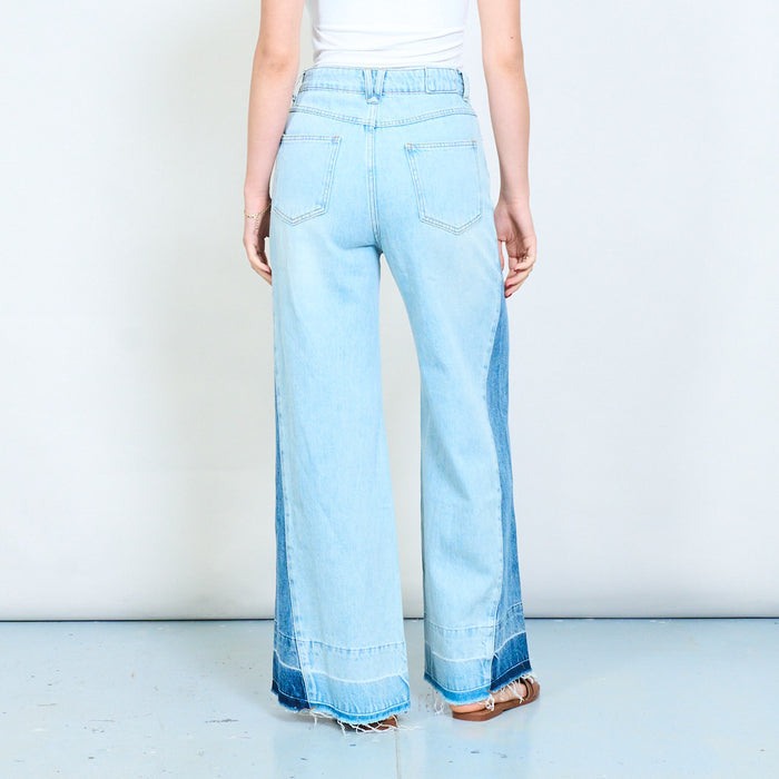 Light wash denim wide leg jeans with contrast side panels wholesale