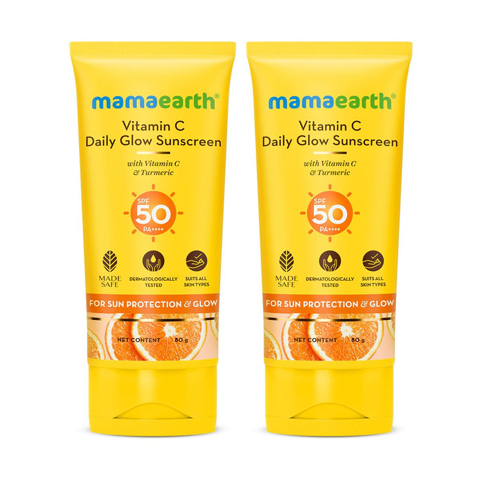 Mamaearth Vitamin C Daily Glow Sunscreen SPF 50 PA++++ – In-Vivo Tested (ISO 24444:2019 Certified, CTRI/2025/05/087276) - 80 g (Pack of 2)