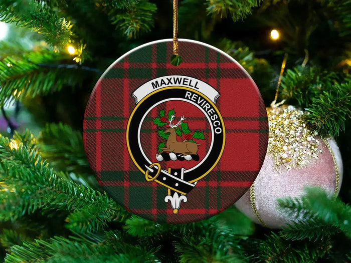Maxwell Reviresco crest design on a tartan background ceramic Christmas ornament — 3-inch round with gold hanging string
