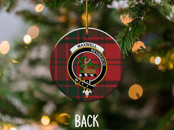 Maxwell stag crest ornament — double-sided UV printed ceramic with red tartan background design