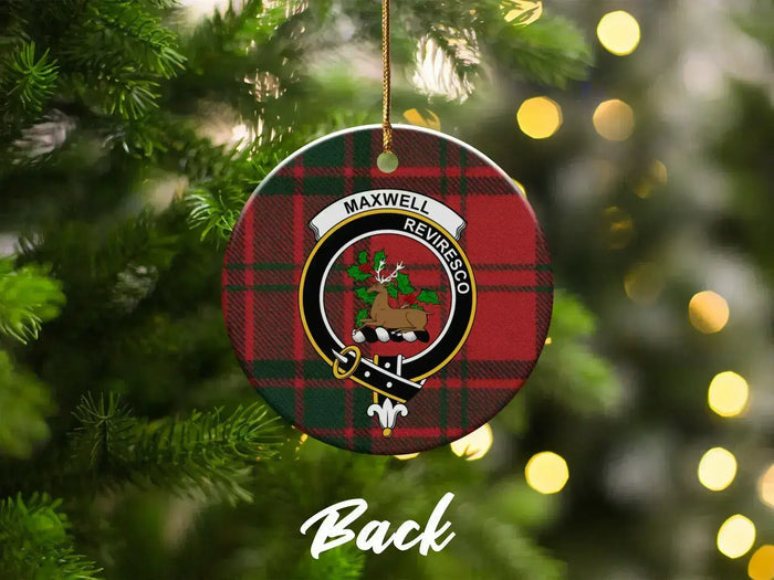Maxwell Reviresco tartan background ornament shown on Christmas tree — 3-inch round ceramic with stag crest