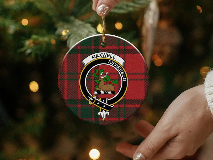 Maxwell stag crest ceramic ornament displaying pre-drilled hang hole and gold cord