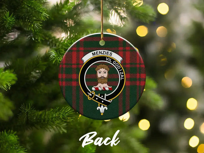 Menzies family crest ceramic ornament on Christmas tree — Scottish clan tartan design
