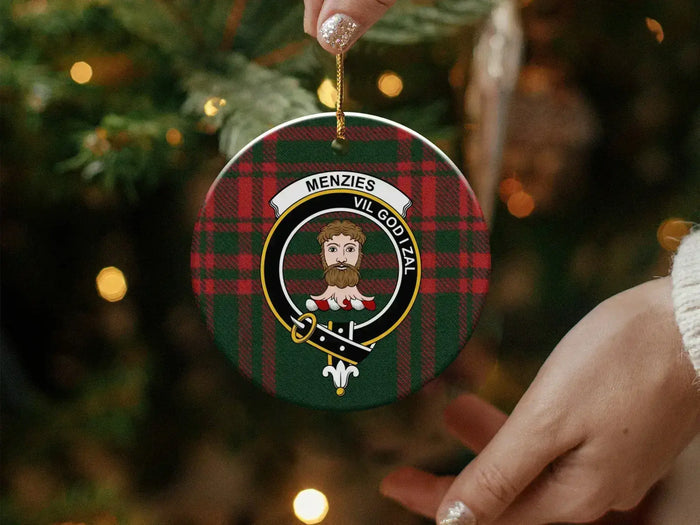 Menzies clan ornament showing pre-drilled hang hole and gold cord — 3-inch ceramic round