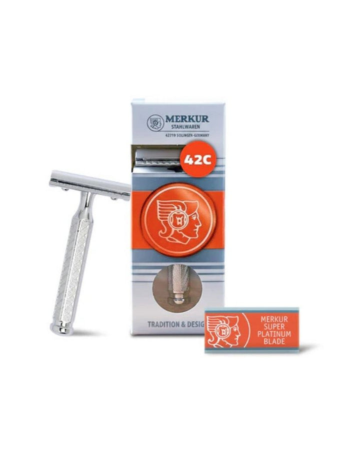 Merkur 42C 3-Piece DE Safety Razor box contents. Closed Comb, Classic 1906 Etched Handle, Chrome and a DE blade