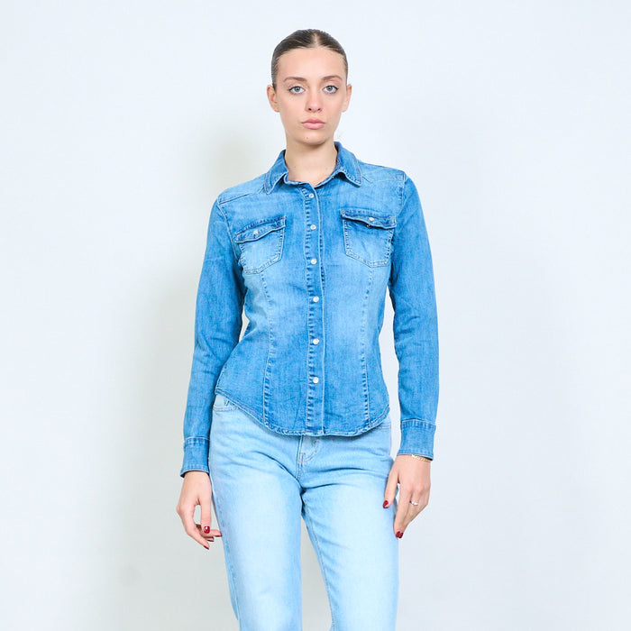 Mid wash denim fitted snap button shirt jacket wholesale