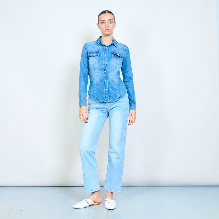 Mid wash denim fitted snap button shirt jacket wholesale