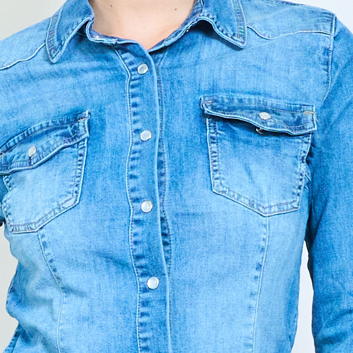 Mid wash denim fitted snap button shirt jacket wholesale