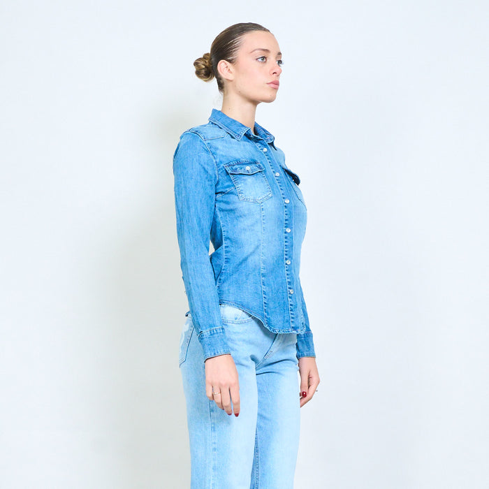 Mid wash denim fitted snap button shirt jacket wholesale