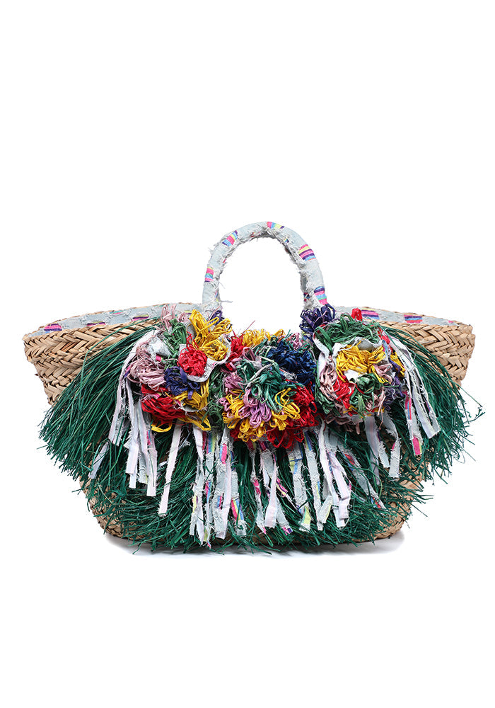 Mini raffia basket bag with fabric flowers and lace trim wholesale