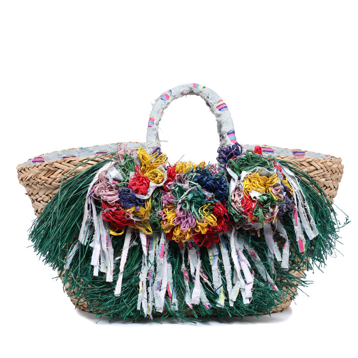 Mini raffia basket bag with fabric flowers and lace trim wholesale