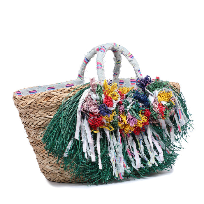 Mini raffia basket bag with fabric flowers and lace trim wholesale