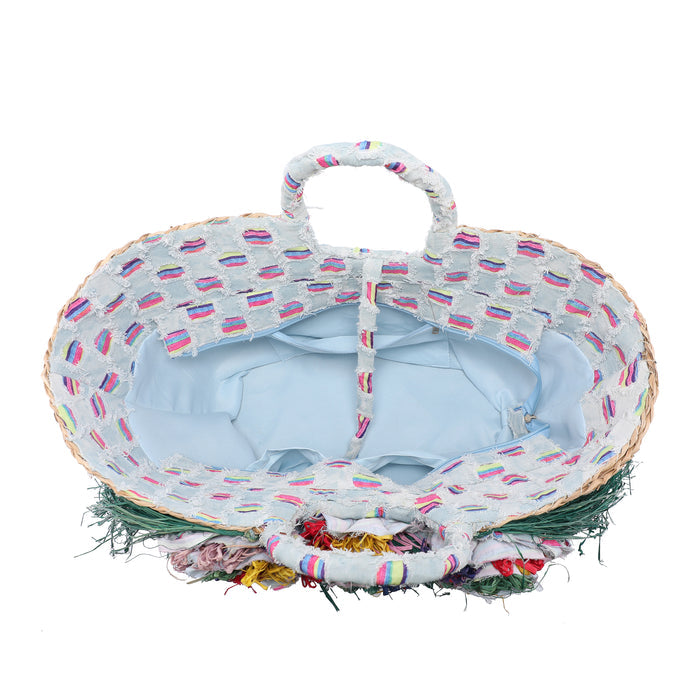 Mini raffia basket bag with fabric flowers and lace trim wholesale
