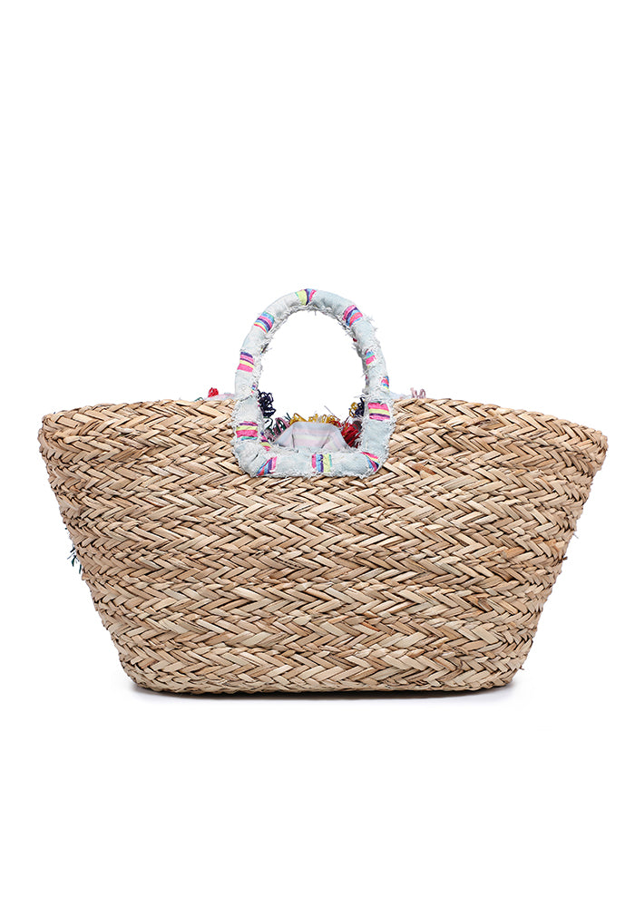 Mini raffia basket bag with fabric flowers and lace trim wholesale
