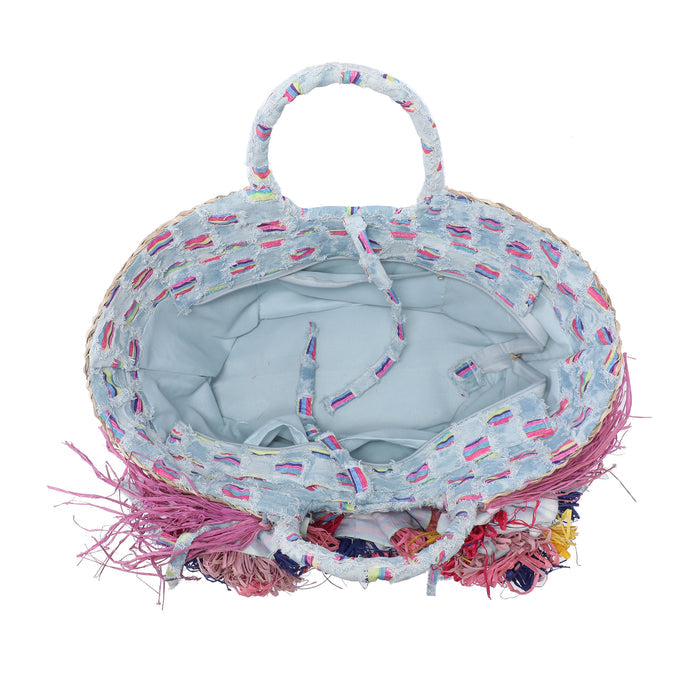 Mini raffia basket bag with fabric flowers and lace trim wholesale