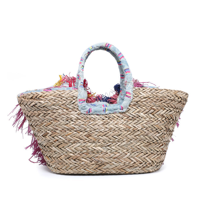 Mini raffia basket bag with fabric flowers and lace trim wholesale