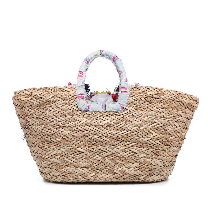 Mini raffia basket bag with fabric flowers and lace trim wholesale