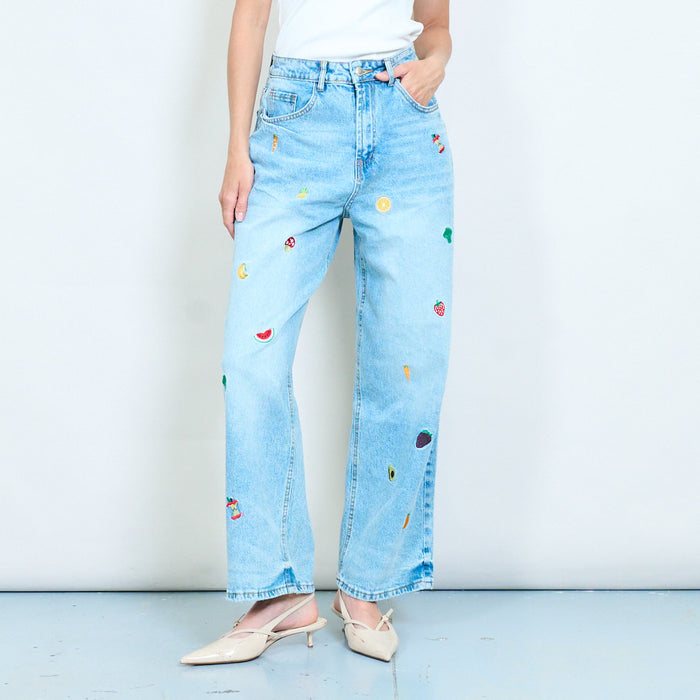 Mixed fruit and vegetable embroidered straight leg denim trousers wholesale