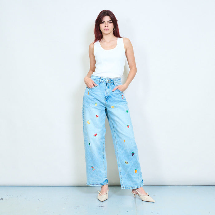 Mixed fruit and vegetable embroidered straight leg denim trousers wholesale