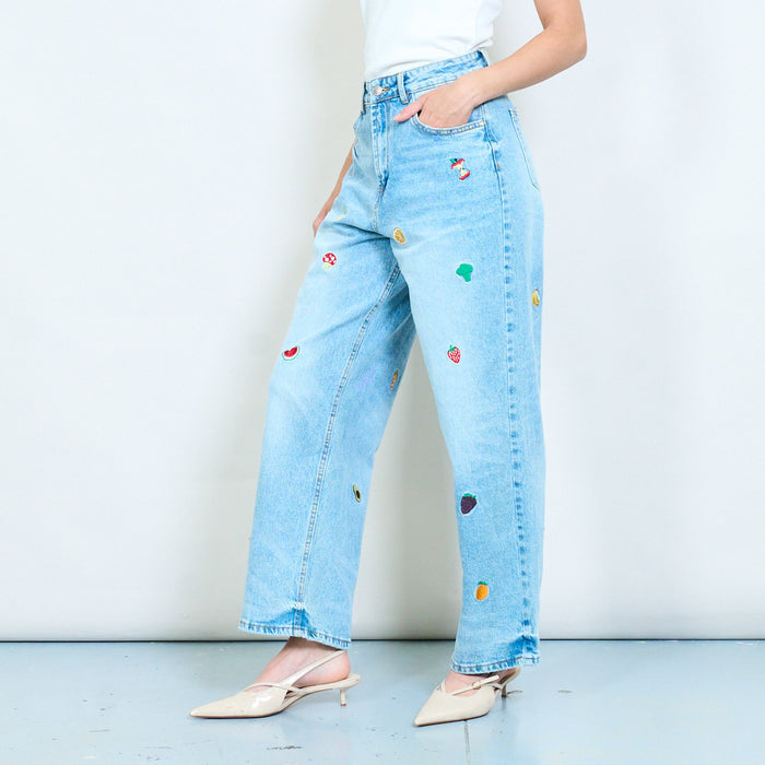 Mixed fruit and vegetable embroidered straight leg denim trousers wholesale