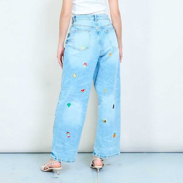 Mixed fruit and vegetable embroidered straight leg denim trousers wholesale