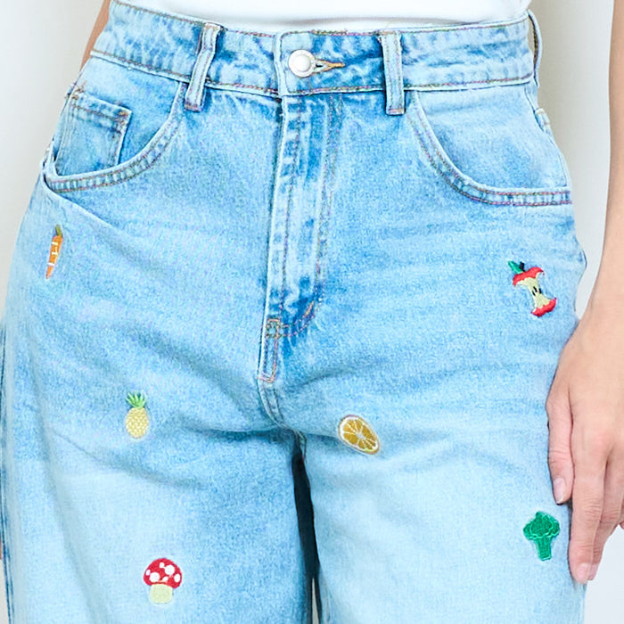 Mixed fruit and vegetable embroidered straight leg denim trousers wholesale