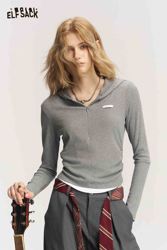 Mock Two Piece Hooded Ruched Tee
