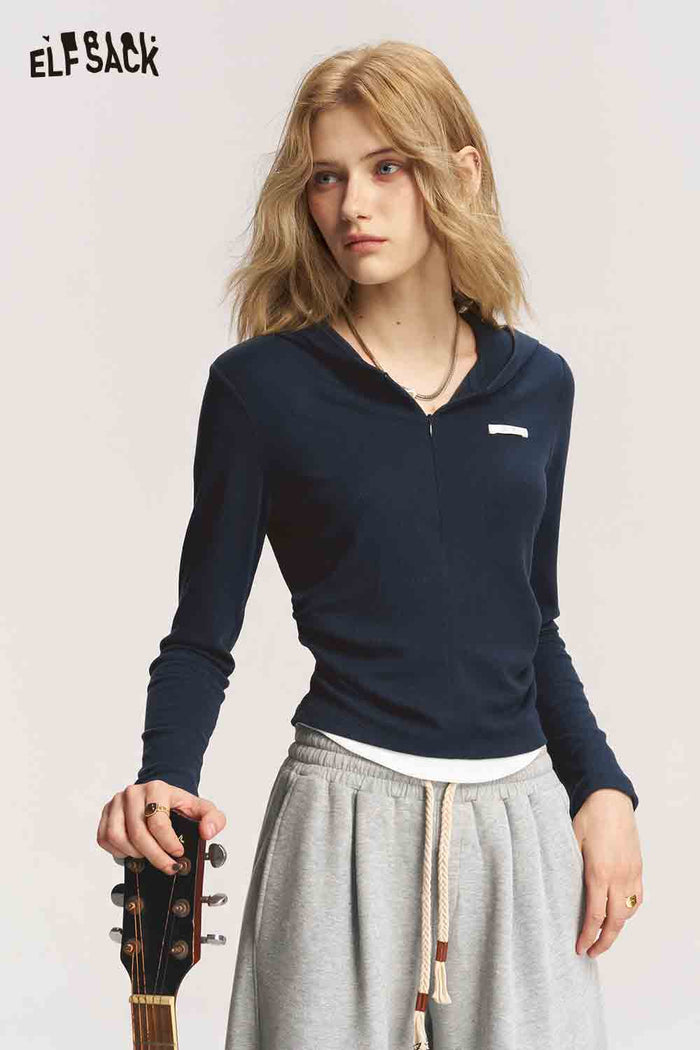 Mock Two Piece Hooded Ruched Tee
