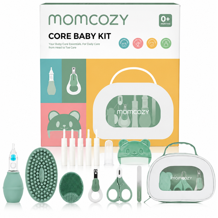 Momcozy All-in-1 Core Baby Kit displayed with green grooming tools, storage case, and box on white background. 0+ months.