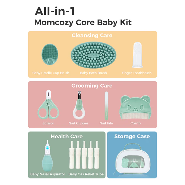 Momcozy All-in-1 Core Baby Kit showing cleansing, grooming, health care tools and storage case on white background