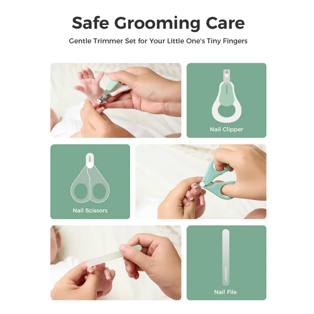 Momcozy All-in-1 Core Baby Kit grooming set showing nail clipper, nail scissors, and nail file on white background