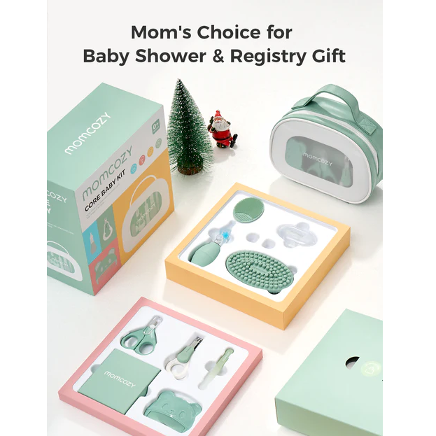Momcozy All-in-1 Core Baby Kit displayed with green box, carry case, grooming tools, and accessories on white background.