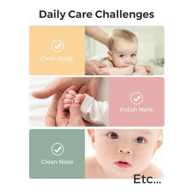 Momcozy All-in-1 Core Baby Kit daily care challenges infographic showing clean scalp, polish nails, clean nose on white background.