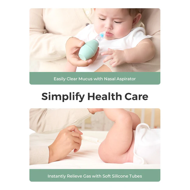 Momcozy All-in-1 Core Baby Kit showing nasal aspirator use on baby and gas relief tubes on white background