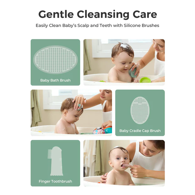 Momcozy All-in-1 Core Baby Kit silicone Baby Bath Brush, Cradle Cap Brush, and Finger Toothbrush on white background