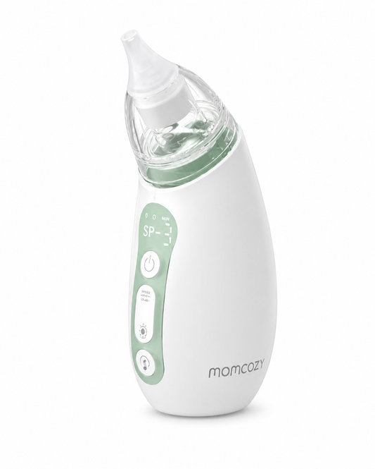 Momcozy Nasal Aspirator in white with green accents, showing SP- display, power and speed buttons, clear collection cup, on white background.