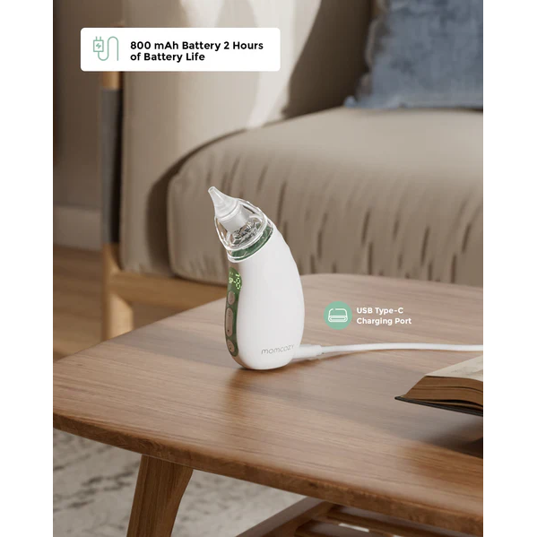 Momcozy Nasal Aspirator in white on wooden table, text reads "800 mAh Battery 2 Hours of Battery Life" and "USB Type-C Charging Port"