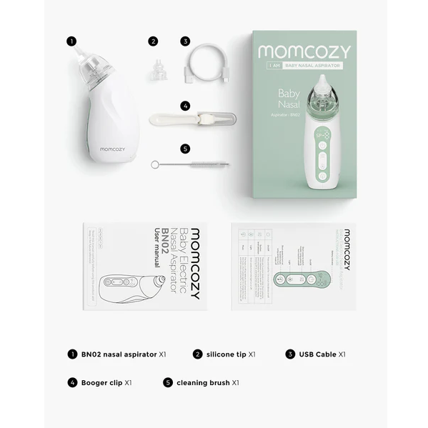 Momcozy Baby Nasal Aspirator BN02 flatlay on white background showing device, silicone tip, USB cable, booger clip, and cleaning brush with packaging and manual.