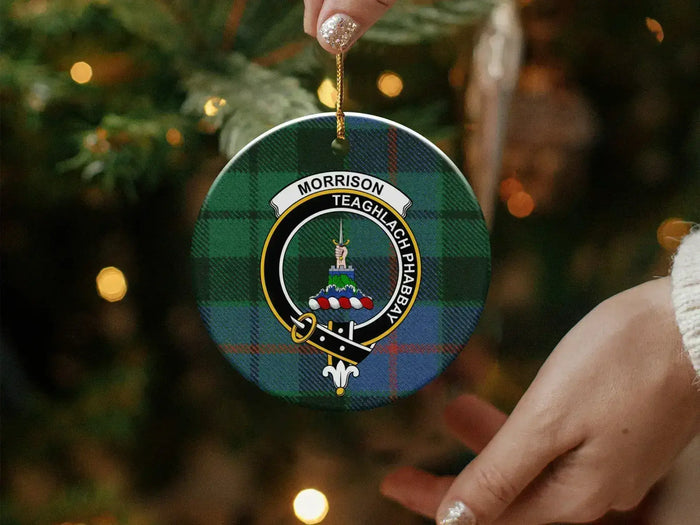 Morrison clan crest tartan ceramic ornament showing pre-drilled hang hole and gold cord