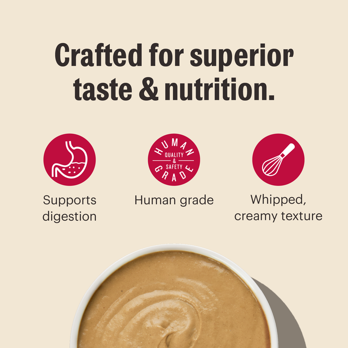 A bowl of creamy brown puree sits below text reading Crafted for superior taste & nutrition. Icons highlight benefits: supports digestion, human grade quality, and a whipped, creamy texture in The Honest Kitchen Mousse Wet Cat Food with Goats Milk Variety Pack.